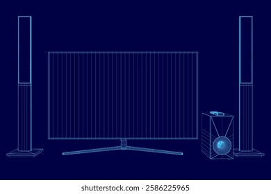 A blue image of a television, speaker, and table. The television is on the left side of the image, the speaker is on the right side, and the table is in the middle