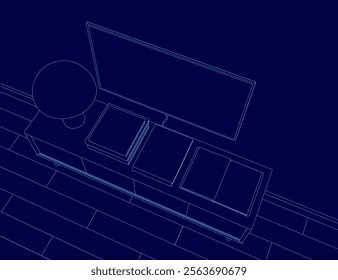 Blue image of a television stand with a television on top. The television is turned off, and the stand is empty. The stand is made of wood and has a circular base