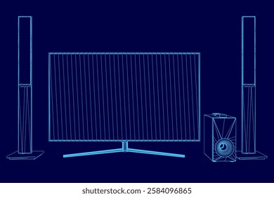 A blue image of a television and two speakers. The speakers are on the right side of the television