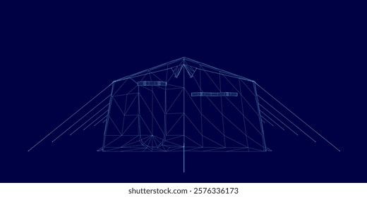 Blue image of a tent with a blue background. The tent is shown in a stylized way, with a lot of lines and dots. Scene is somewhat abstract and artistic, with a focus on the tent