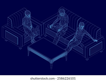 A blue image of three people sitting on a couch and a coffee table. The couch is a sectional and the coffee table is a square. The people are sitting in a relaxed manner. Isometric view