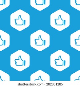 Blue image of thumbs up symbol in white hexagon, repeated on blue