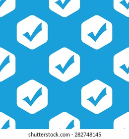 Blue image of tick mark in white hexagon, repeated on blue
