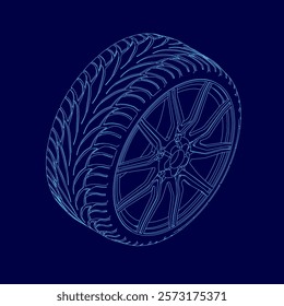 Blue image of a tire with a blue rim. The tire is shown in a 3D, giving it a futuristic and sleek appearance. Concept of innovation and modernity