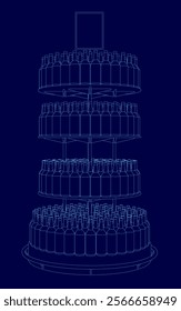 Blue image of a tower with many levels. The tower is made up of many bottles