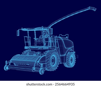 Blue image of a tractor with a blue background. The tractor is a large piece of machinery with a blue color scheme