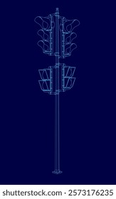 Blue image of a traffic light pole. The pole is tall and has a blue color scheme