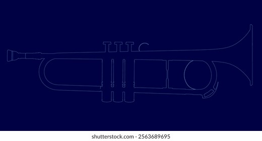 Blue image of a trumpet with a black background. The trumpet is in the center of the image and is surrounded by a series of lines. The lines are arranged in a way that creates a sense of movement