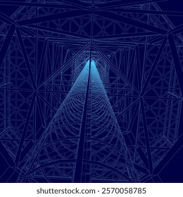 Blue image of a tunnel with a light shining through it. The tunnel is very long and narrow, and the light is shining from the top of the tunnel. The image has a sense of depth and mystery