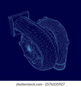 Blue image of a turbo with a mesh texture. The image is a computer generated rendering of a turbo
