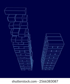 Blue image of two buildings with a blue background. The buildings are made of blocks and are very tall