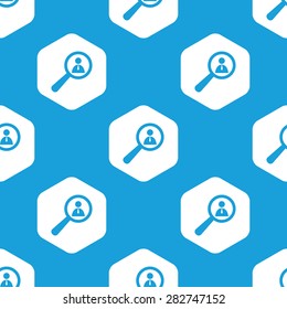Blue image of user under loupe in white hexagon, repeated on blue