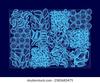 A blue image of a variety of nuts and seeds. The image is a close up of a blue background with a variety of nuts and seeds scattered throughout the image