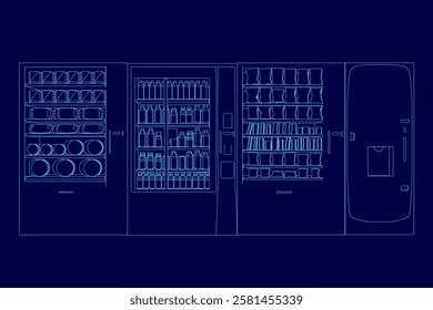 A blue image of a vending machine with a refrigerator on the right. The vending machine is filled with various items, including a bottle of water and a cup