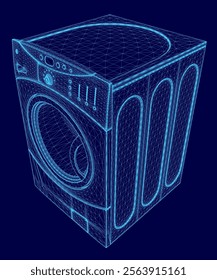 Blue image of a washing machine. The image is in a 3D format and is very detailed