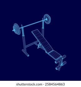 A blue image of a weight bench with a barbell on it. The bench is made of wood and has a metal bar on top. The image is in a blue color scheme, giving it a modern