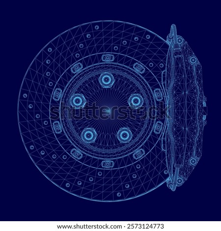 Blue image of a wheel with a blue background. The wheel is a close up of a car's brake disc