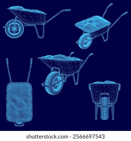 Blue image of a wheelbarrow with a blue background. The wheelbarrow is shown in different positions, with the handlebars and wheels visible. Concept of motion and movement