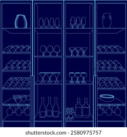 A blue image of a wine cellar with many bottles and glasses. The wine cellar is filled with various types of wine bottles and glasses, including wine glasses, champagne flutes