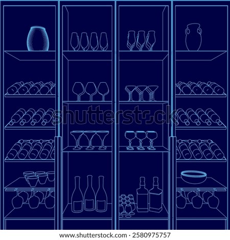 A blue image of a wine cellar with many bottles and glasses. The wine cellar is filled with various types of wine bottles and glasses, including wine glasses, champagne flutes