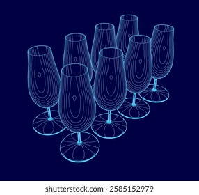 A blue image of wine glasses. The glasses are all lined up in a row, with the top of the glasses visible. The image has a modern and sleek feel to it