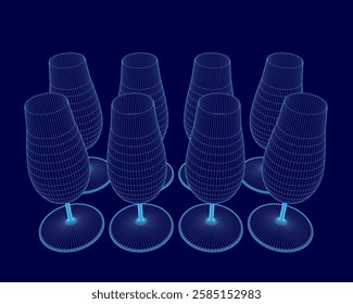 A blue image of wine glasses. The glasses are all lined up in a row, with the top of the glasses visible. The image has a modern and sleek feel to it