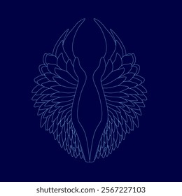 Blue image of a winged creature. The winged creature is described as having a "fierce" and "powerful" appearance