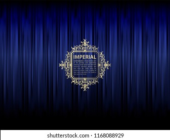 Blue imperial curtain. Dark blue curtain scene gracefully. Cover with vertical motion blur and text. Like curtains in theater. Elegance vector backdrop with vintage sign