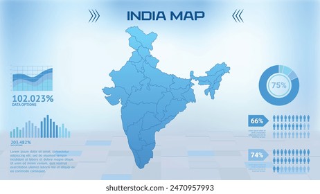 Blue India Map with States, Political India infographic map vector illustration