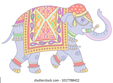 Blue Indian elephant decorated in traditional style. Vector illustration isolated on white background
