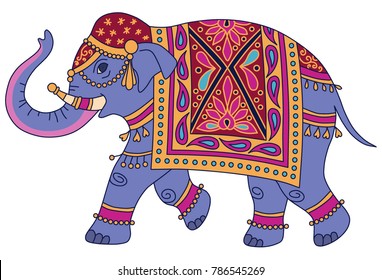 Blue Indian elephant decorated in traditional style. Vector illustration isolated on white background