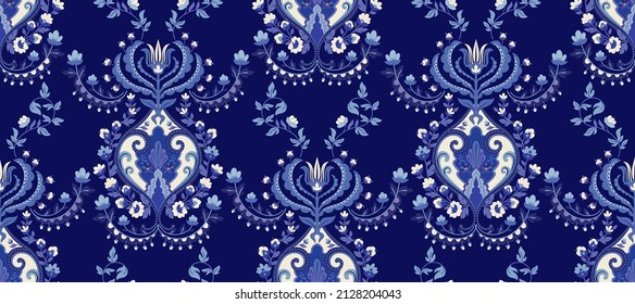 Blue indian seamless pattern. Arabian floral ornament illustration. Damask seamless wallpaper. Blue folk background with floral symmetry elements. Design for textile, wallpaper, cover, paper, web 