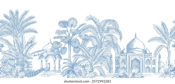  Blue Indian toile jungle seamless border. Tropical palm tree, plants, architecture, Taj Mahal and peacock mural.