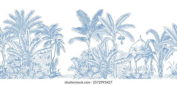  Blue Indian toile jungle seamless border. Tropical palm tree, plants, architecture mural.	