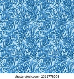 Blue indigo floral pattern vector design. Small wild flowers endless ornament.