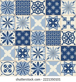 Patrón de flor azul índigo en azulejos de cerámica, ilustración vectorial para diseño y decoración