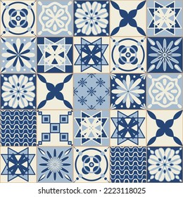 Blue indigo flower pattern on ceramic tiles, vector illustration for design and decoration