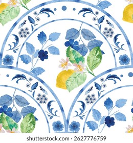 Blue Indigo Mediterranean tiles seamless pattern background. Italian tile design with floral, lemon. Navy blue hand-painted illustration for ceramic, fabric, wall decor.