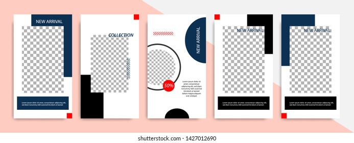Blue indigo, red, black and white color geometric shape banner template for social media stories square post. Minimal modern stripe line design with  peach background vector illustration