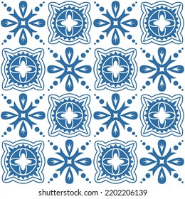 Blue indigo square pattern Azulejo tiles for interior decoration, traditional retro vintage design vector Illustration