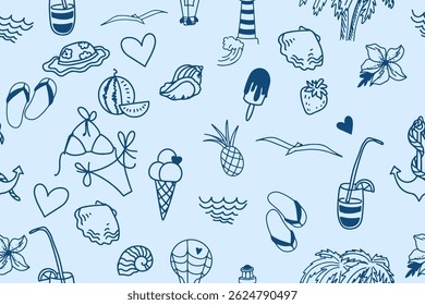 Azul indigo verão padrão sem costura. Palmeira desenhada à mão bonito, farol, conchas, coquetel, sorvete, flor tropical, papel de parede exótico, têxtil, fundo. Papel de embrulho tropical. Vetor
