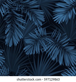 Blue indigo summer tropical camouflage with palm leaves. Seamless vector pattern.