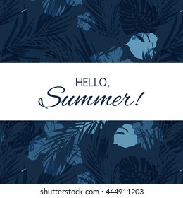 Blue indigo summer tropical hawaiian background with palm tree leaves and exotic flowers