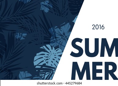 Blue indigo summer tropical hawaiian background with palm tree leaves and exotic flowers