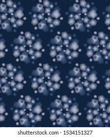 Blue Indigo Tie Dye Daisy meadow Seamless Pattern . Dark Moody Winter Floral Fabric Textile. Vector Ditsy Vintage All Over Print. For Fashion, Packaging and Wallpaper Backdrop. EPS 10 Tile