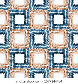 Blue Indigo Tie-Dye Shibori Square Checkerboard on White Background with Coral Red. Vector Seamless Pattern Perfect for Funky Boho Summer Textiles All Over Print. Vintage Retro Repeat Tile EPS10