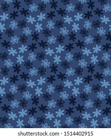 Blue indigo tiny daisy meadow seamless pattern . Dark moody dyed winter floral fabric textile. Vector ditsy vintage all over print.