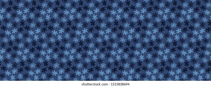 Blue indigo tiny daisy meadow seamless border pattern. Dark moody dyed winter floral ribbon trim. Vector ditsy vintage banner edging