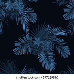 Blue indigo tropical pattern with jungle plants. Seamless tropical fabric design with phoenix palm leaves.