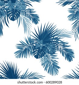 Padrão tropical índigo azul com plantas da selva. Design de tecido tropical sem costura com folhas de palmeira de fênix.